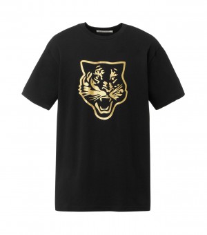 Men's Onitsuka Tiger Logo Graphic T T Shirts Black / Gold | 98140-VFLU