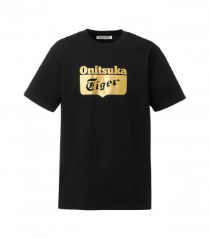 Men's Onitsuka Tiger Logo T Shirts Black / Gold | 93748-UBWD