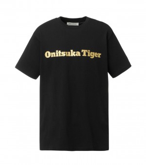 Men's Onitsuka Tiger Logo T Shirts Black / Gold | 18634-QIJH