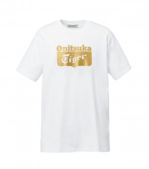 Men's Onitsuka Tiger Logo T Shirts White / Gold | 84715-MSFJ