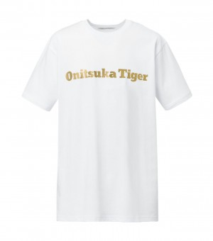 Men's Onitsuka Tiger Logo T Shirts White / Gold | 35426-JOXV