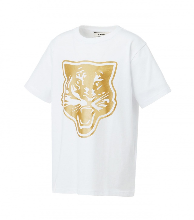 Kids' Onitsuka Tiger Logo Graphic T Shirts White / Gold | 14328-SXBZ