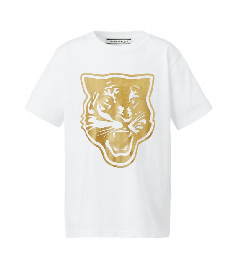 Kids\' Onitsuka Tiger Logo Graphic T Shirts White / Gold | 14328-SXBZ