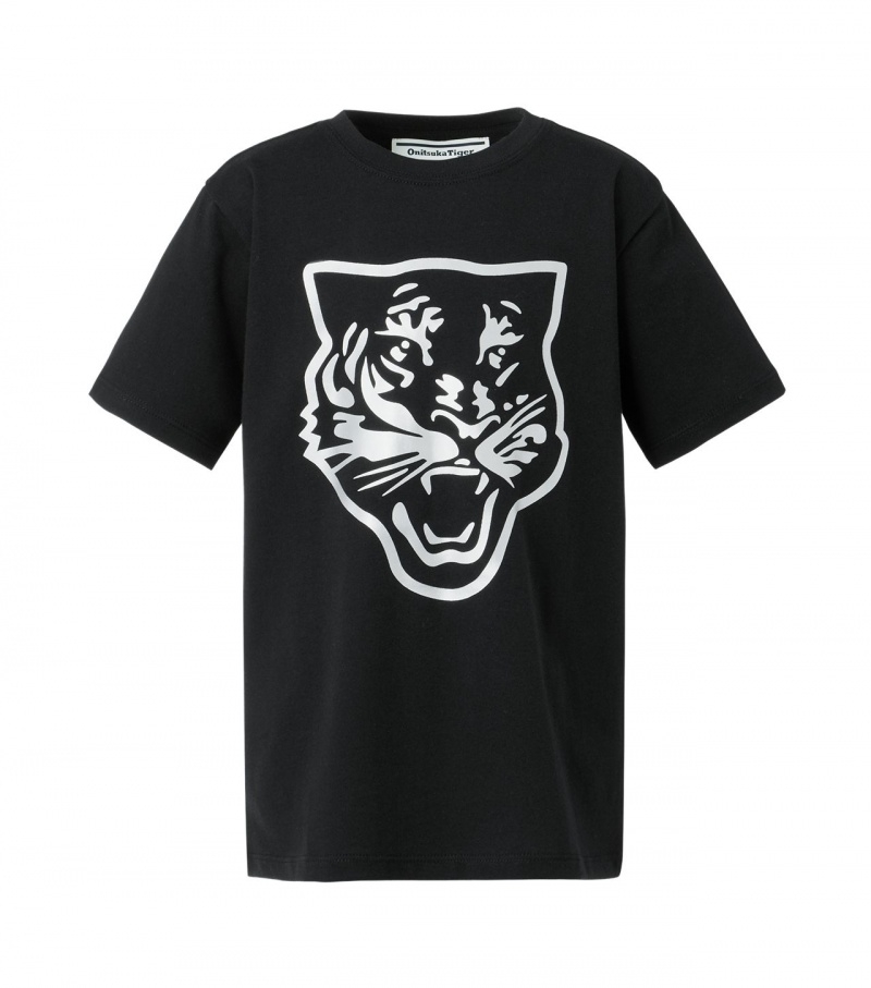 Kids\' Onitsuka Tiger Logo Graphic T Shirts Black / Silver | 09735-ZXTM