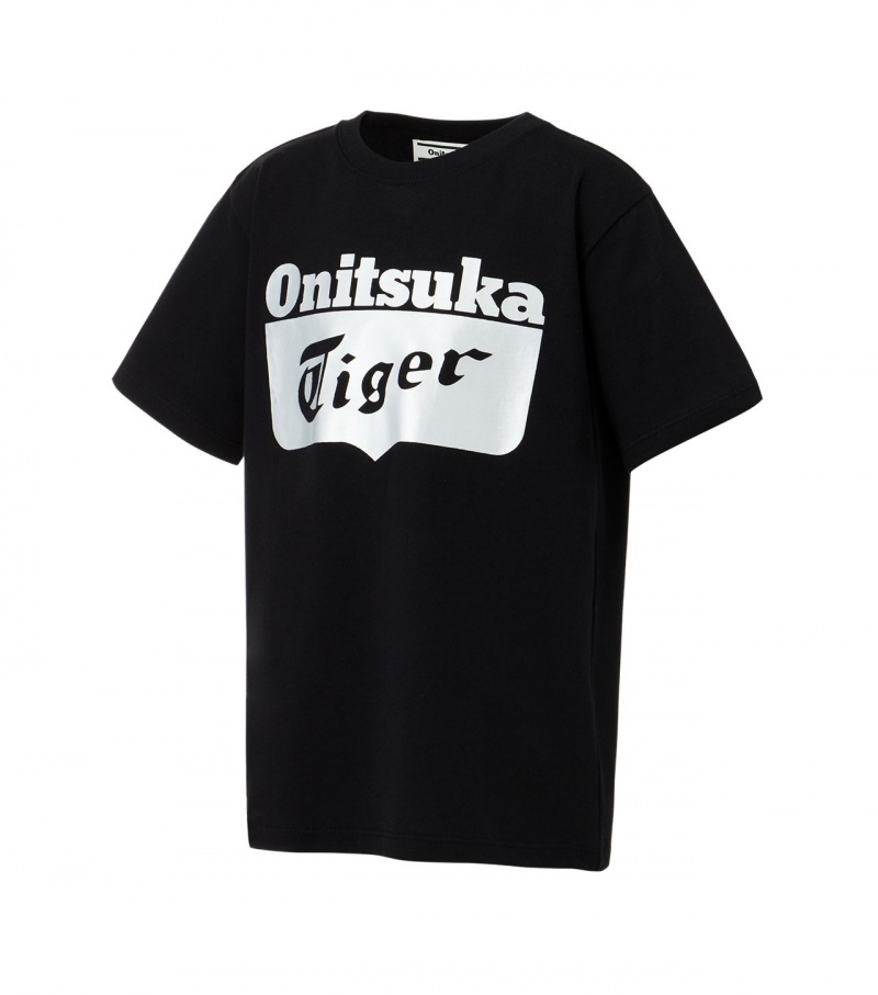 Kids' Onitsuka Tiger Logo T Shirts Black / Silver | 79028-MSOK