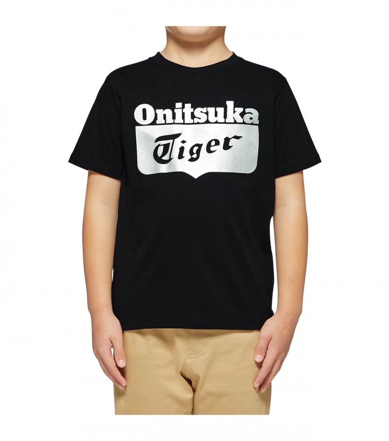 Kids' Onitsuka Tiger Logo T Shirts Black / Silver | 79028-MSOK