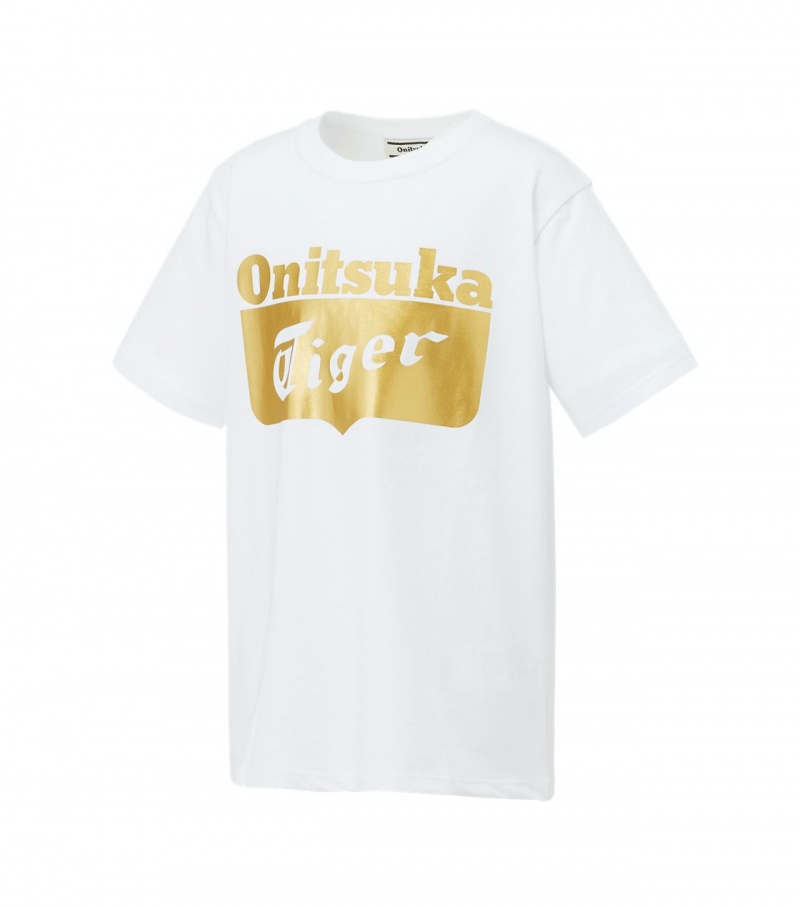 Kids' Onitsuka Tiger Logo T Shirts White / Gold | 96187-UCJK