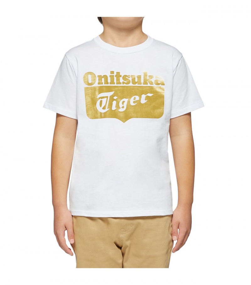 Kids' Onitsuka Tiger Logo T Shirts White / Gold | 96187-UCJK