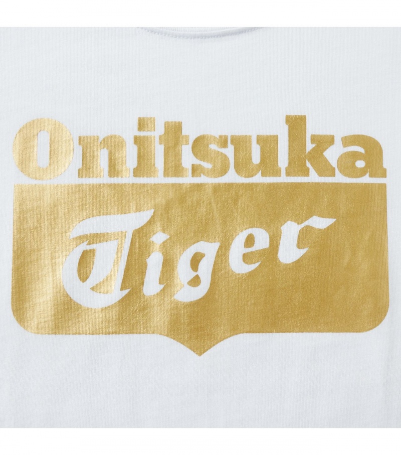 Kids' Onitsuka Tiger Logo T Shirts White / Gold | 96187-UCJK