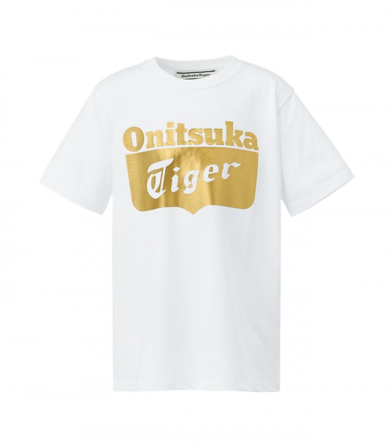 Kids\' Onitsuka Tiger Logo T Shirts White / Gold | 96187-UCJK