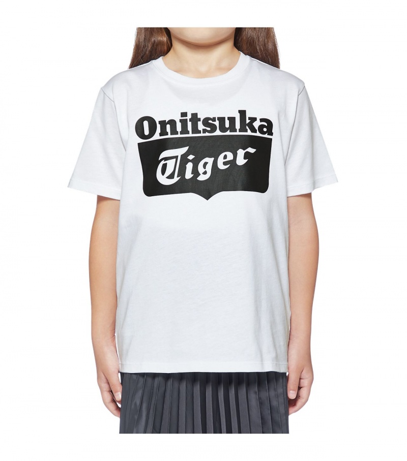 Kids' Onitsuka Tiger Logo T Shirts White / Black | 74169-GUOD