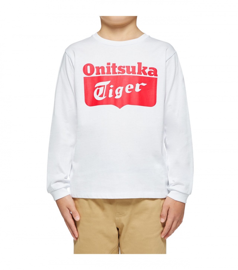 Kids' Onitsuka Tiger Ls Logo T Shirts White / Red | 60278-BANS