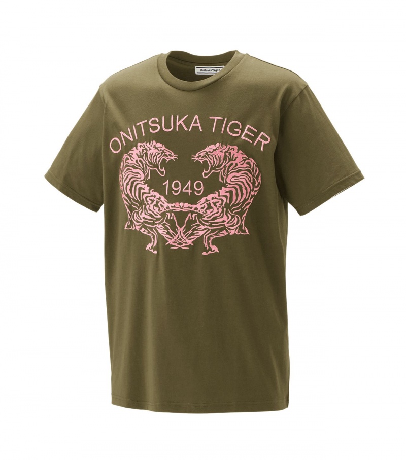 Men's Onitsuka Tiger Graphic T Shirts Khaki | 59147-SNXC