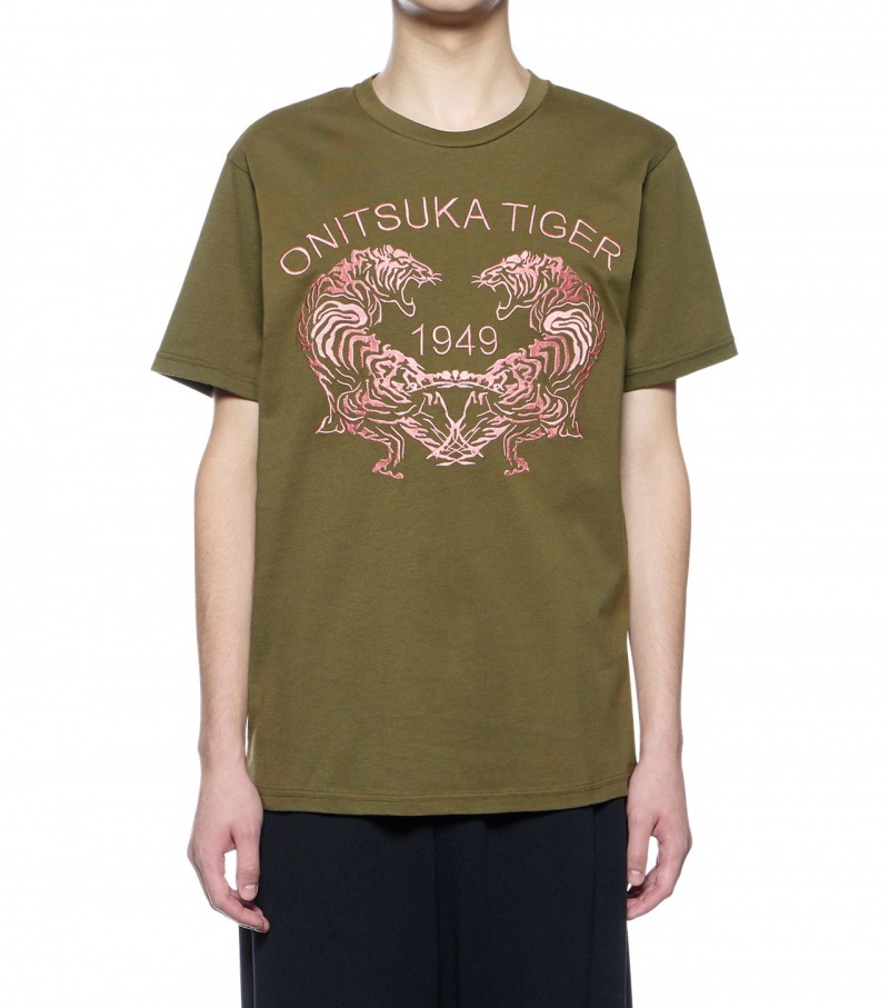 Men's Onitsuka Tiger Graphic T Shirts Khaki | 59147-SNXC