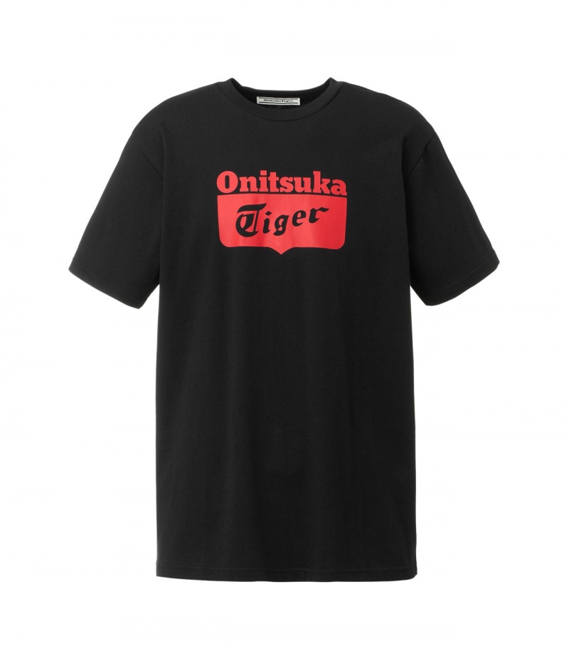 Men\'s Onitsuka Tiger Logo T Shirts Black / Red | 41596-WRKG