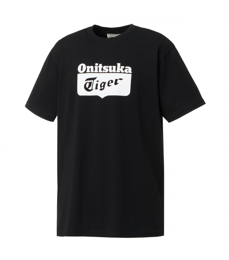 Men's Onitsuka Tiger Logo T Shirts Black / White | 28415-WADQ