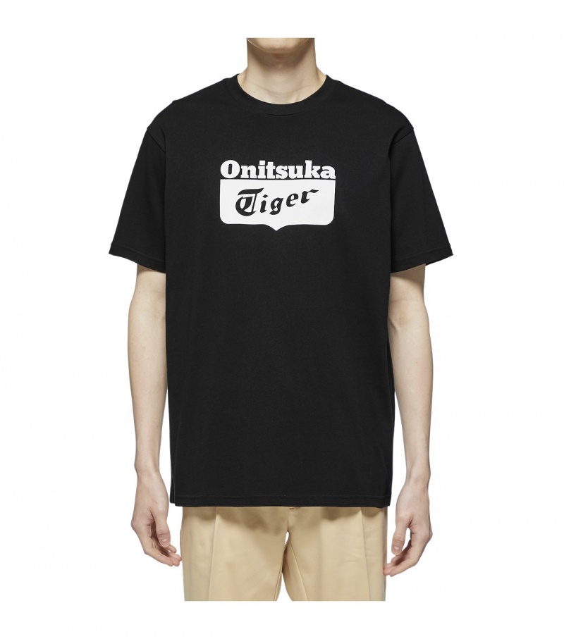 Men's Onitsuka Tiger Logo T Shirts Black / White | 28415-WADQ