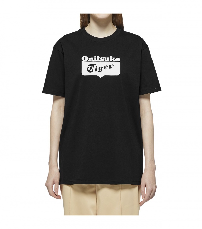 Men's Onitsuka Tiger Logo T Shirts Black / White | 28415-WADQ