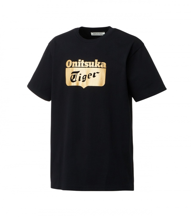 Men's Onitsuka Tiger Logo T Shirts Black / Gold | 93748-UBWD