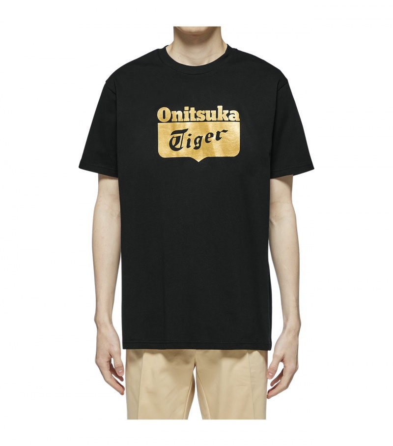 Men's Onitsuka Tiger Logo T Shirts Black / Gold | 93748-UBWD