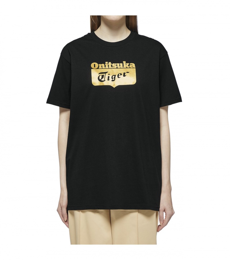 Men's Onitsuka Tiger Logo T Shirts Black / Gold | 93748-UBWD