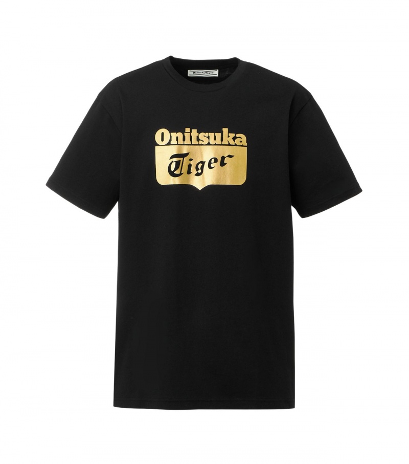 Men\'s Onitsuka Tiger Logo T Shirts Black / Gold | 93748-UBWD