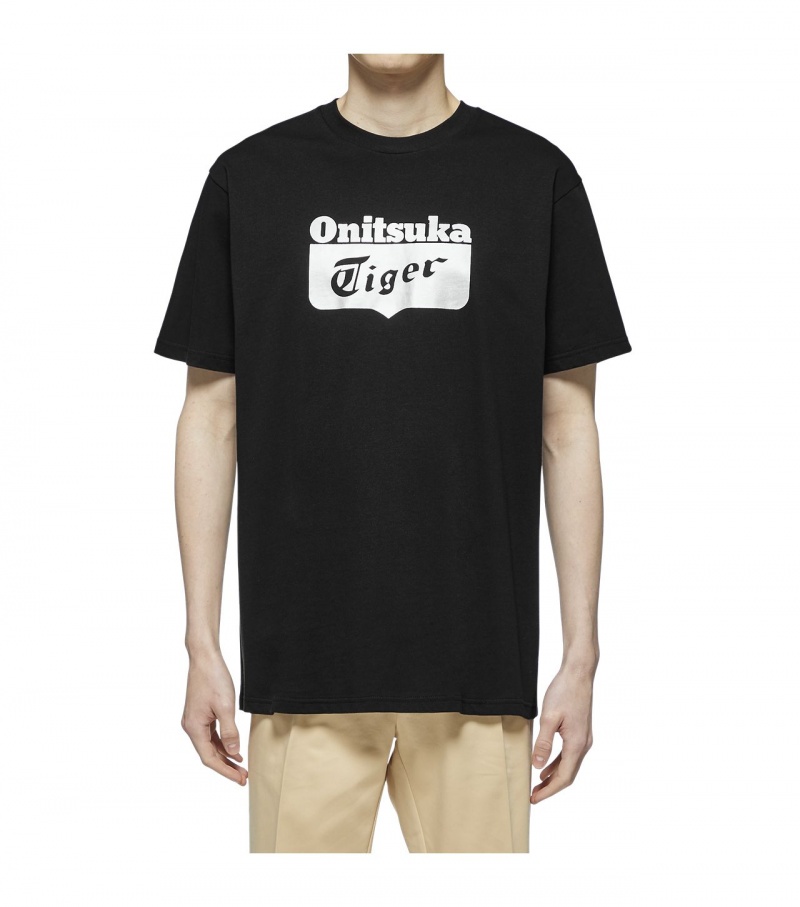 Men's Onitsuka Tiger Logo T Shirts Black / Silver | 15947-HYSW