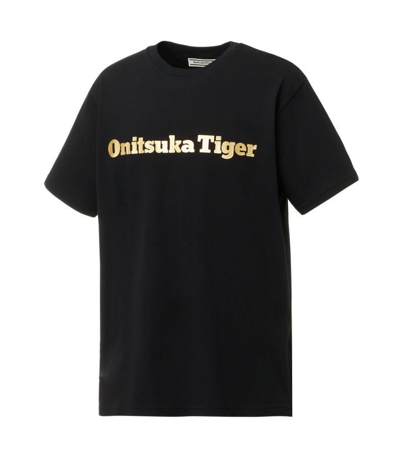 Men's Onitsuka Tiger Logo T Shirts Black / Gold | 18634-QIJH