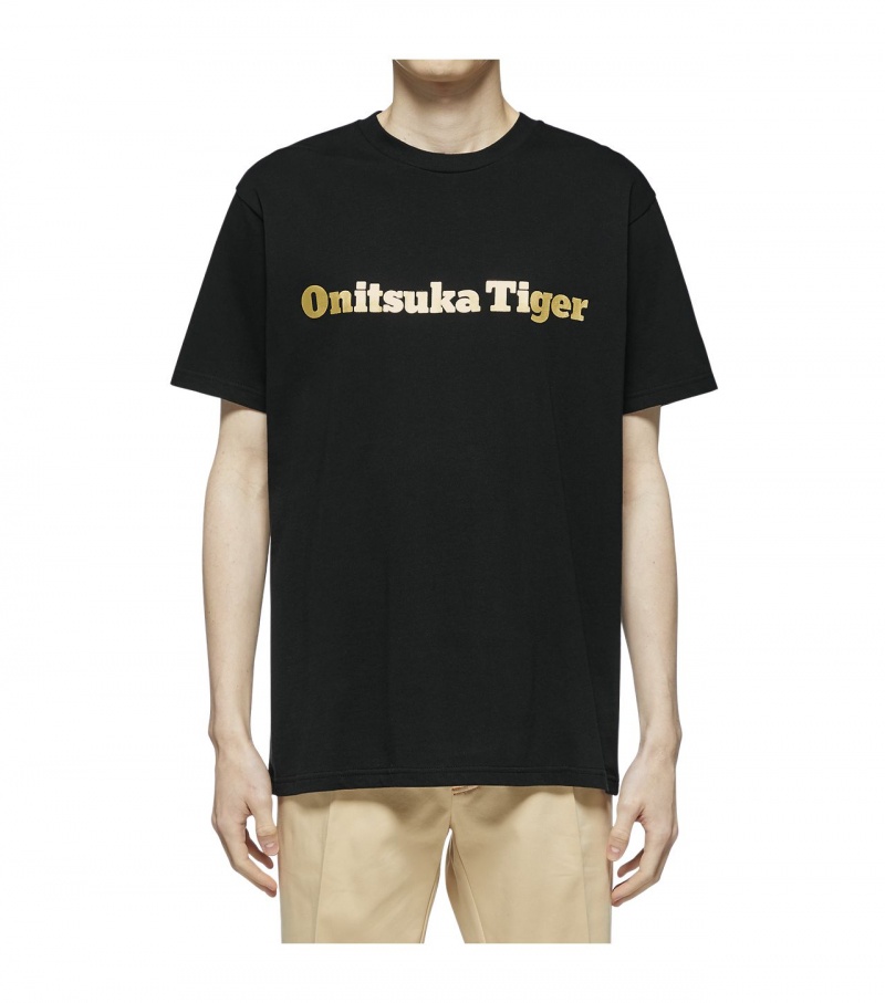 Men's Onitsuka Tiger Logo T Shirts Black / Gold | 18634-QIJH