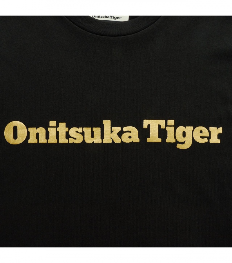 Men's Onitsuka Tiger Logo T Shirts Black / Gold | 18634-QIJH