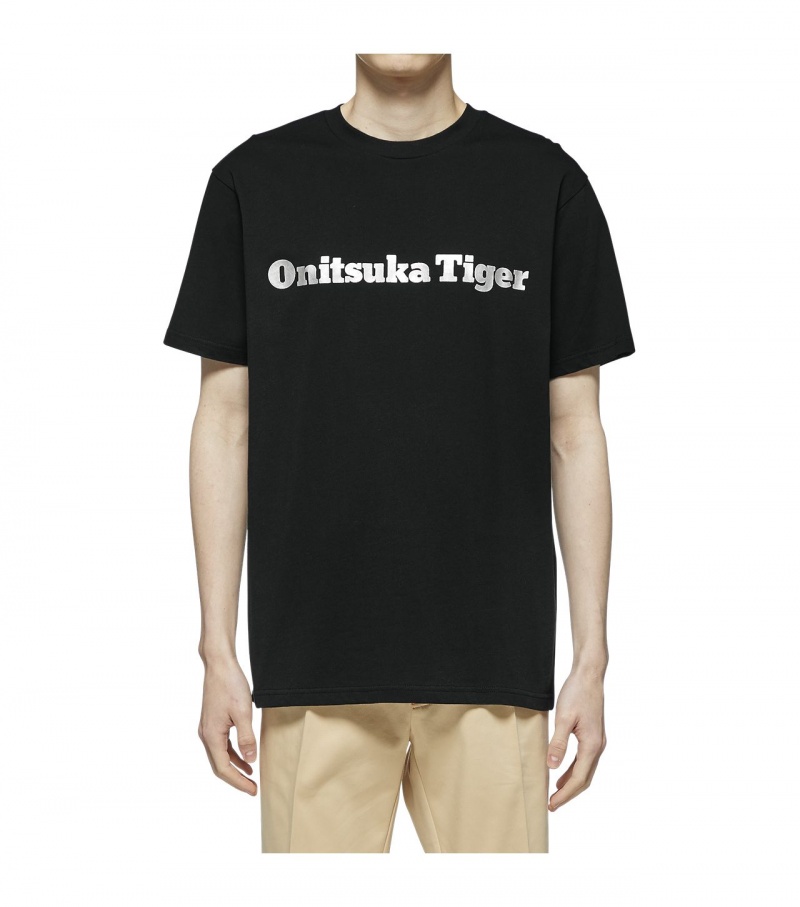 Men's Onitsuka Tiger Logo T Shirts Black / Silver | 87654-RZFQ