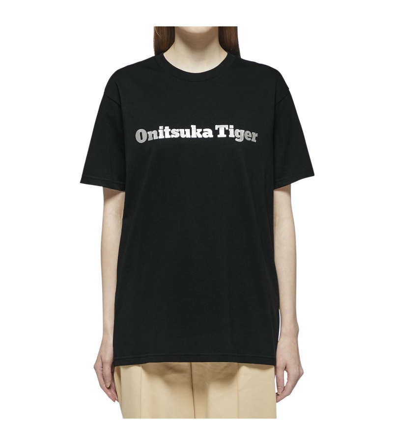 Men's Onitsuka Tiger Logo T Shirts Black / Silver | 87654-RZFQ