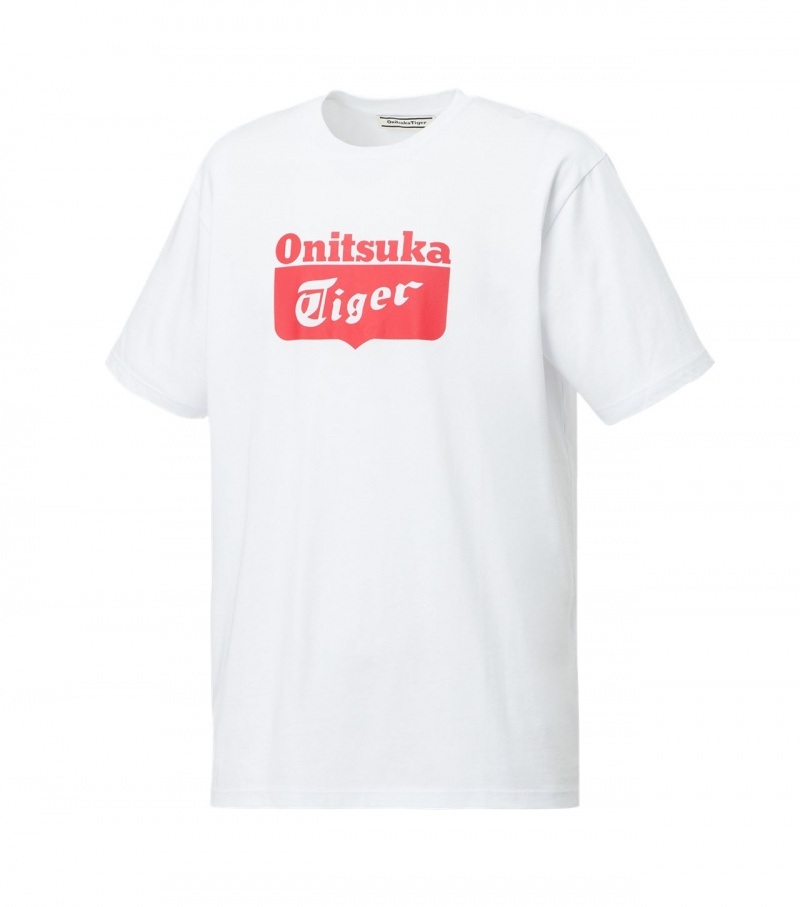 Men's Onitsuka Tiger Logo T Shirts White / Red | 01287-PGEZ