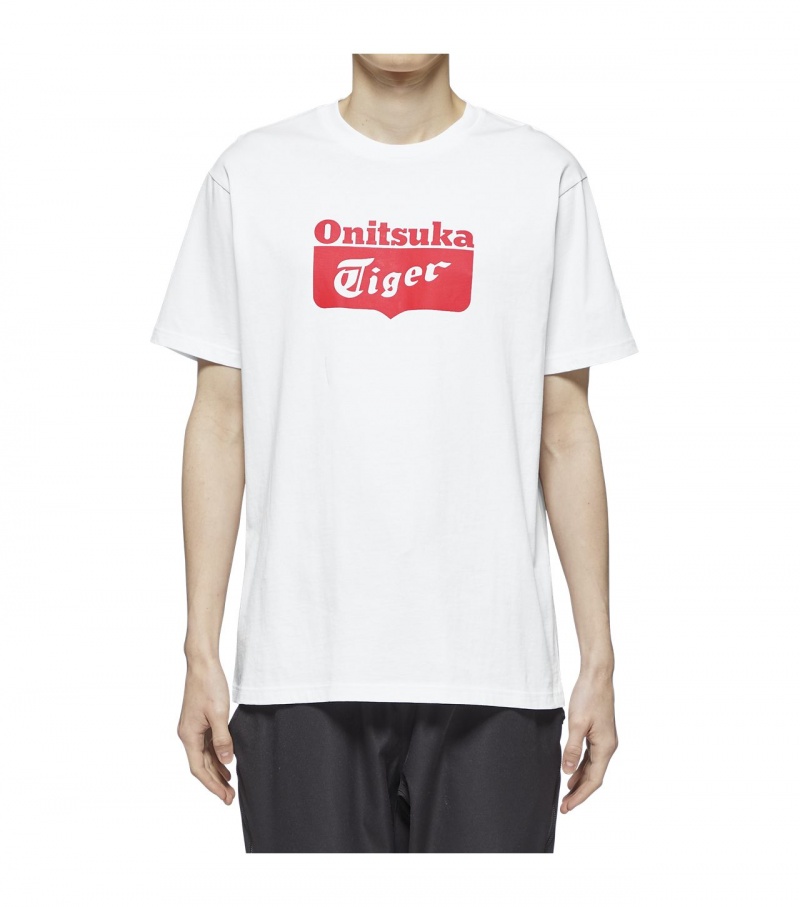 Men's Onitsuka Tiger Logo T Shirts White / Red | 01287-PGEZ