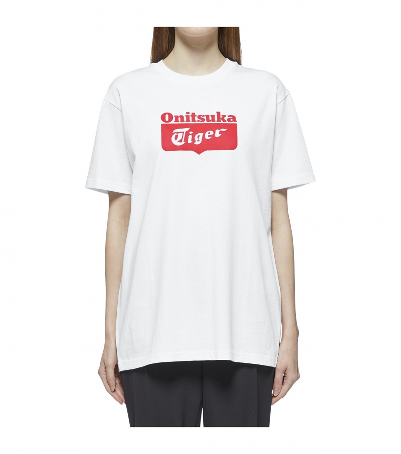 Men's Onitsuka Tiger Logo T Shirts White / Red | 01287-PGEZ