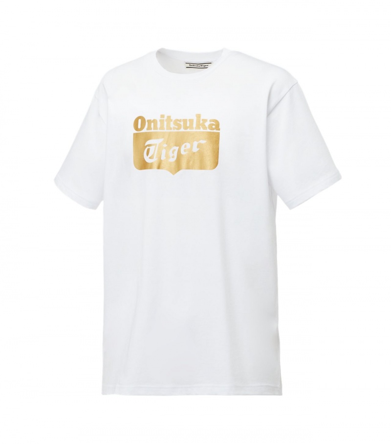 Men's Onitsuka Tiger Logo T Shirts White / Gold | 84715-MSFJ