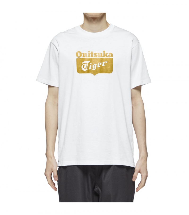 Men's Onitsuka Tiger Logo T Shirts White / Gold | 84715-MSFJ