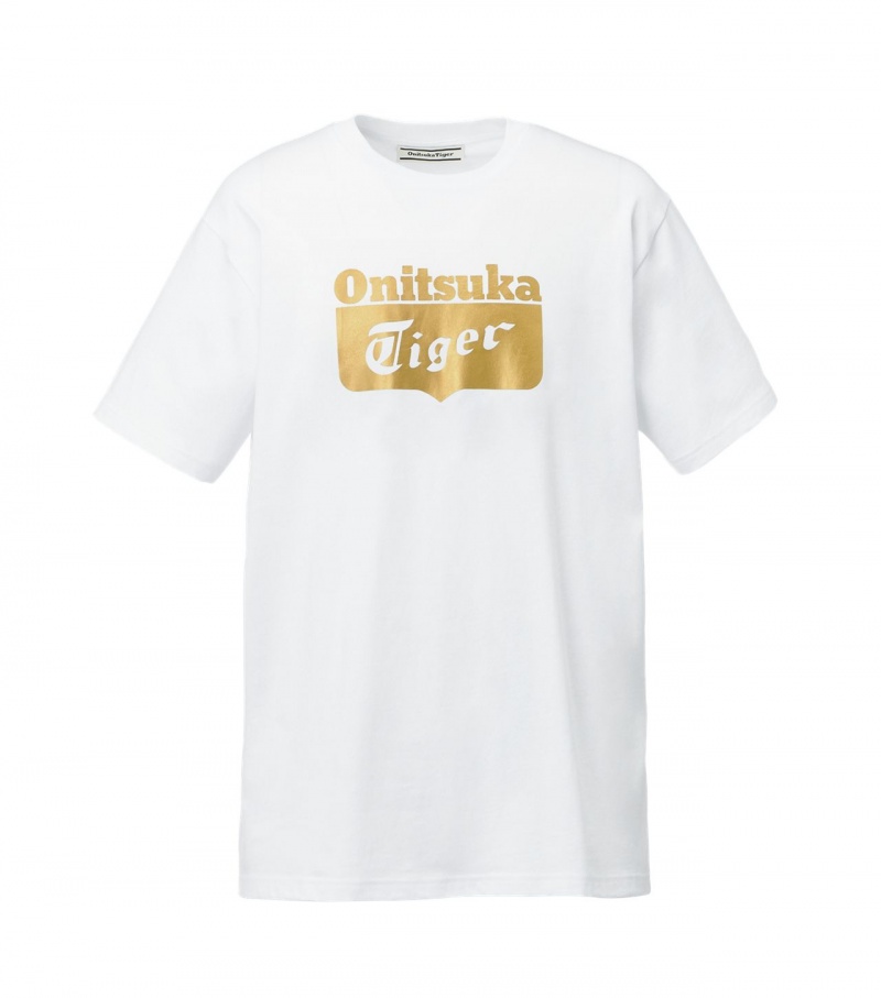 Men\'s Onitsuka Tiger Logo T Shirts White / Gold | 84715-MSFJ