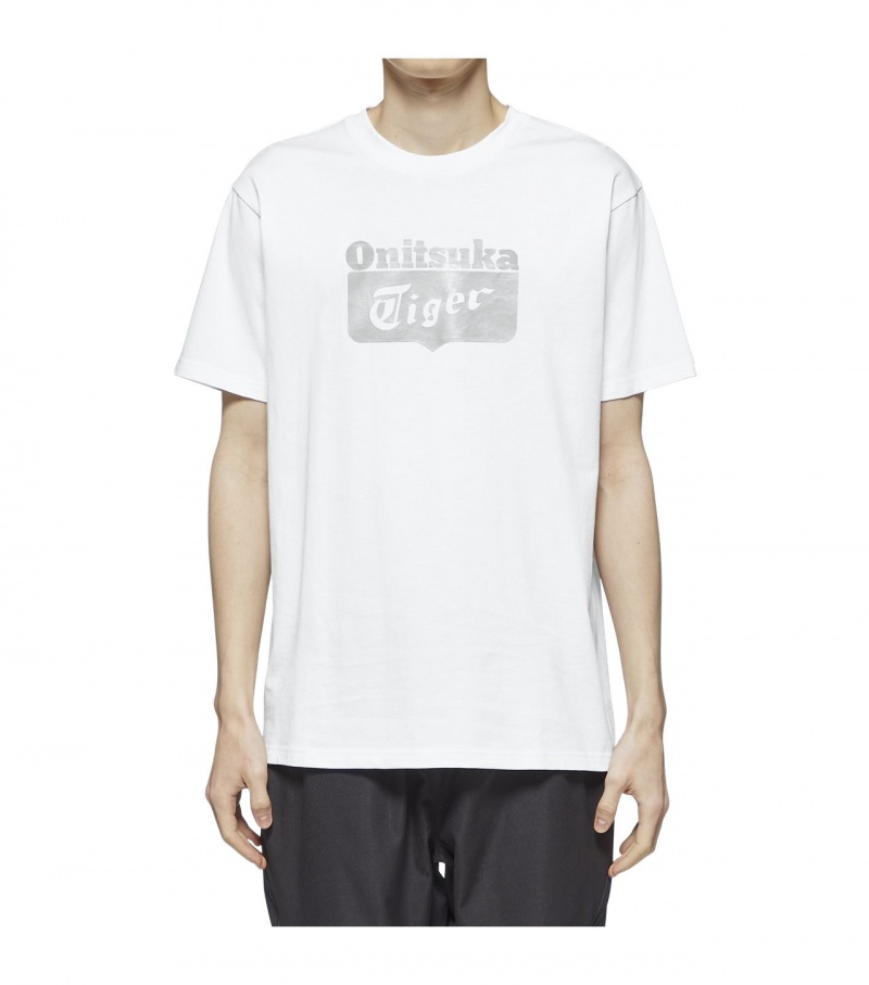 Men's Onitsuka Tiger Logo T Shirts White / Silver | 92431-MZWS