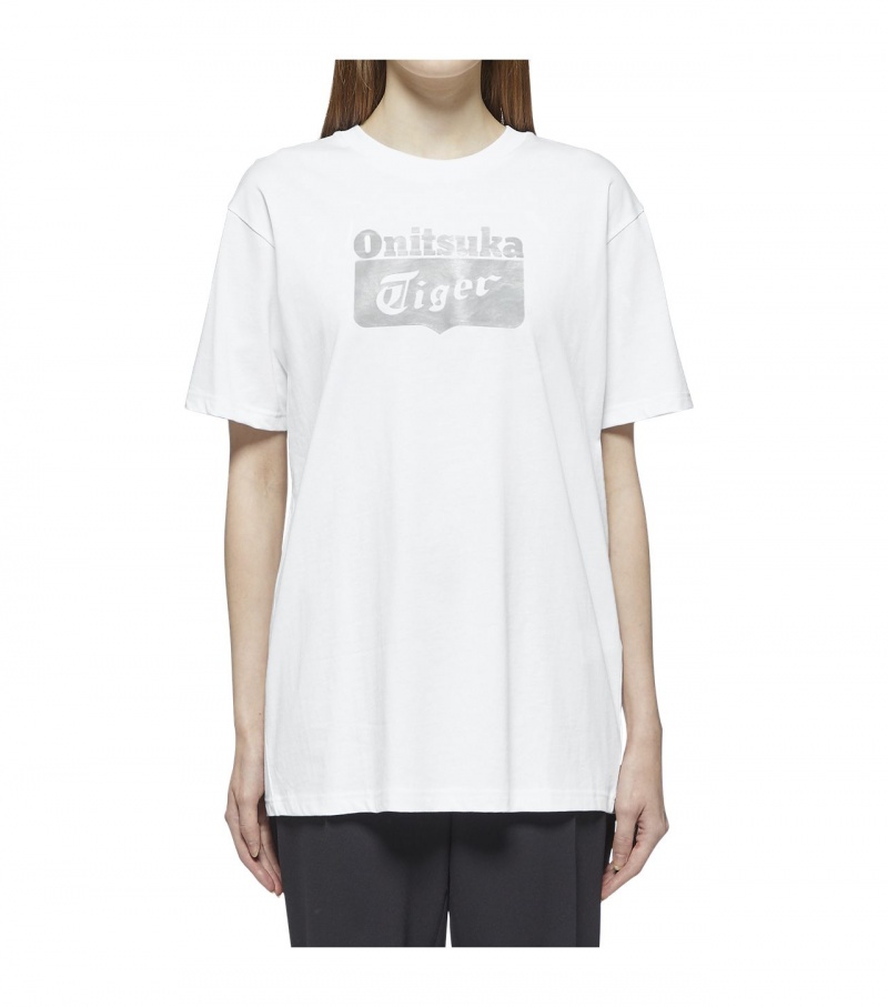 Men's Onitsuka Tiger Logo T Shirts White / Silver | 92431-MZWS