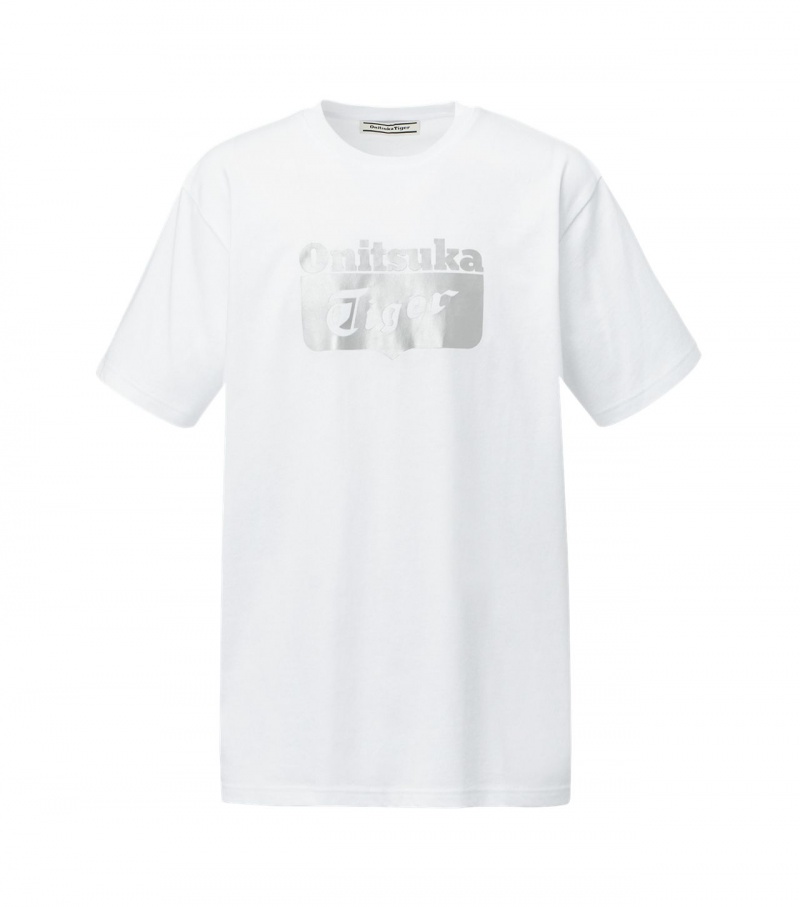 Men\'s Onitsuka Tiger Logo T Shirts White / Silver | 92431-MZWS