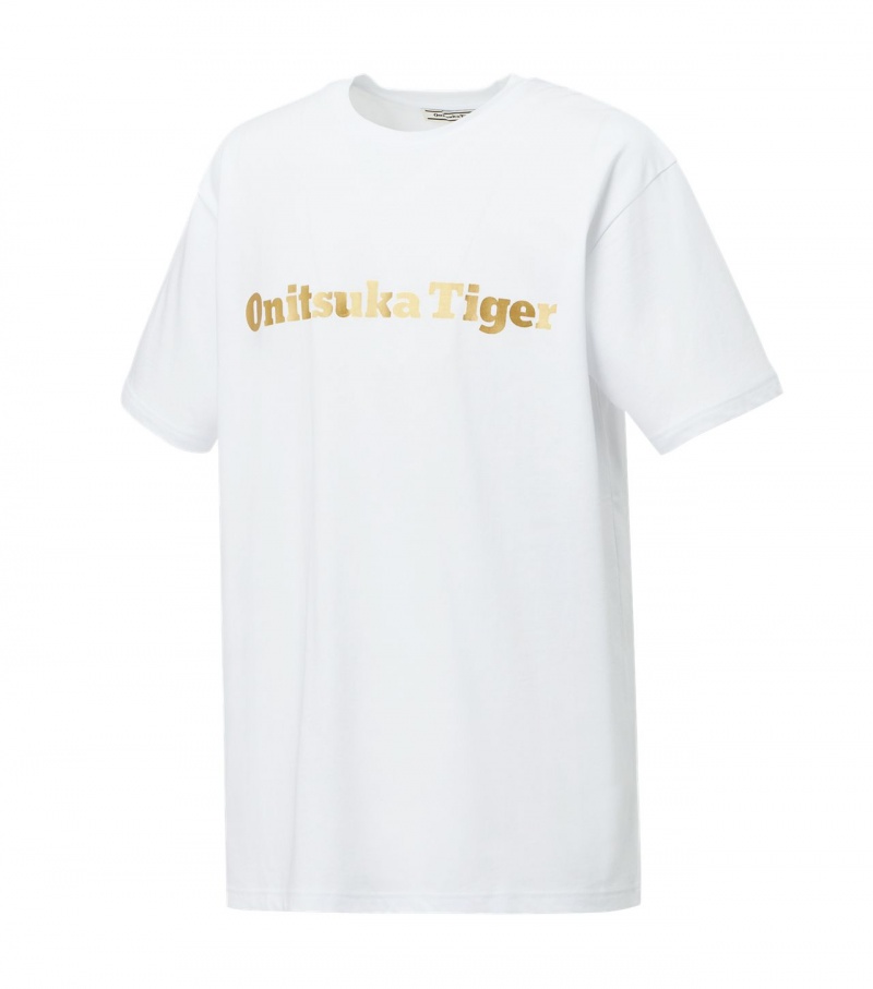 Men's Onitsuka Tiger Logo T Shirts White / Gold | 35426-JOXV