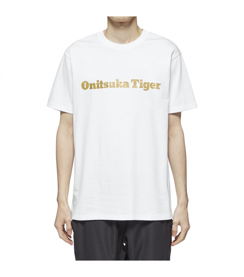 Men's Onitsuka Tiger Logo T Shirts White / Gold | 35426-JOXV