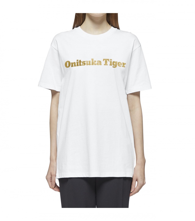 Men's Onitsuka Tiger Logo T Shirts White / Gold | 35426-JOXV