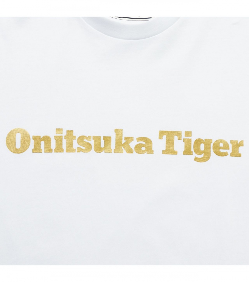 Men's Onitsuka Tiger Logo T Shirts White / Gold | 35426-JOXV