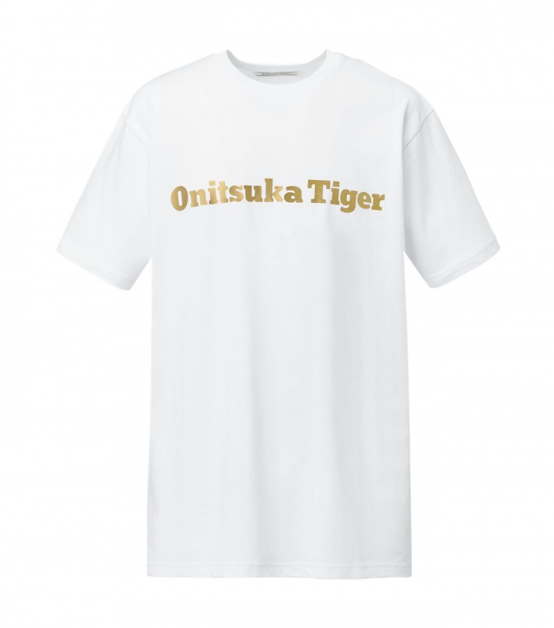 Men\'s Onitsuka Tiger Logo T Shirts White / Gold | 35426-JOXV