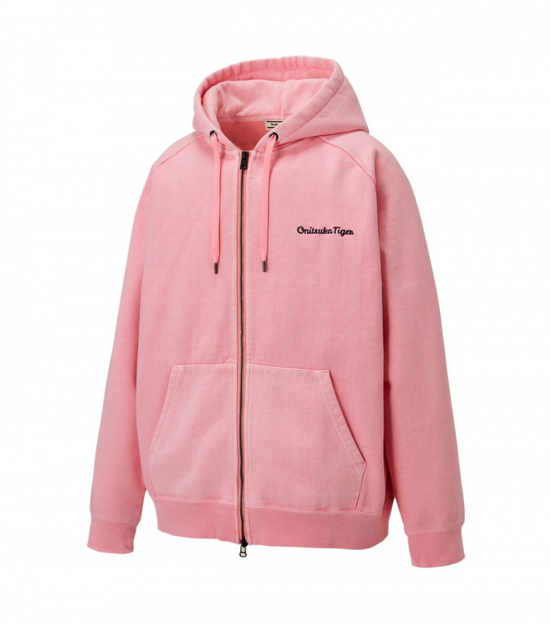 Men's Onitsuka Tiger Washed Zip Up Hoodie Pink | 49281-CEDO