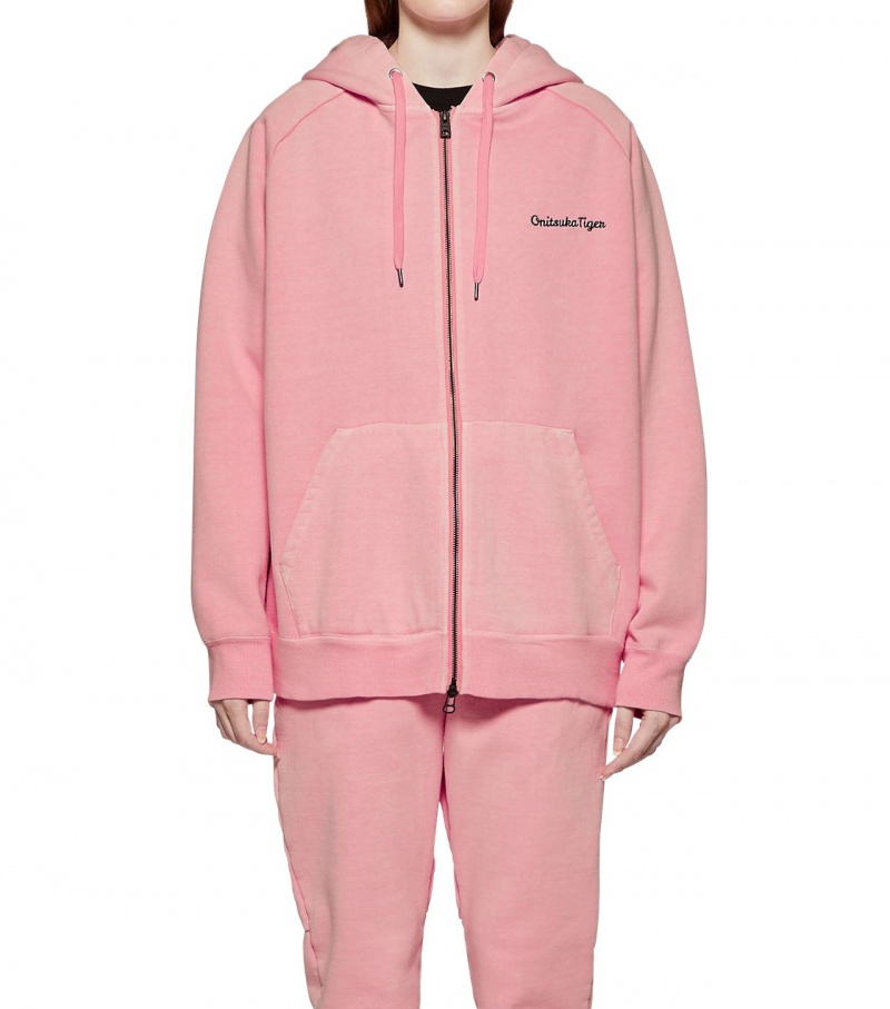 Men's Onitsuka Tiger Washed Zip Up Hoodie Pink | 49281-CEDO