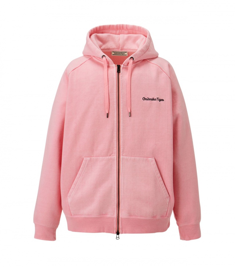 Men\'s Onitsuka Tiger Washed Zip Up Hoodie Pink | 49281-CEDO