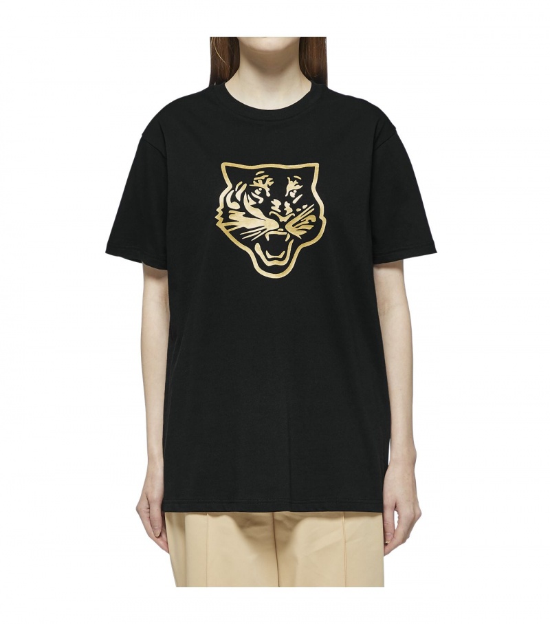 Women's Onitsuka Tiger Logo Graphic T T Shirts Black / Gold | 19347-CKPY